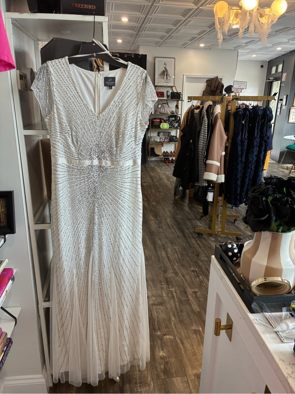 Adrianna Papell White Beaded V-Neck Maxi Dress
